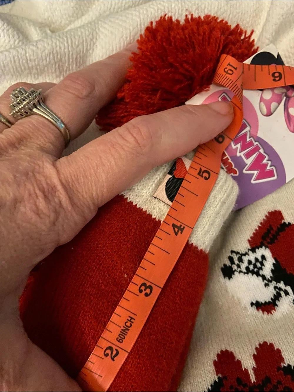 Disney Kids Minnie Mouse Red and Cream Pom Pom Hat with Matching Mittens